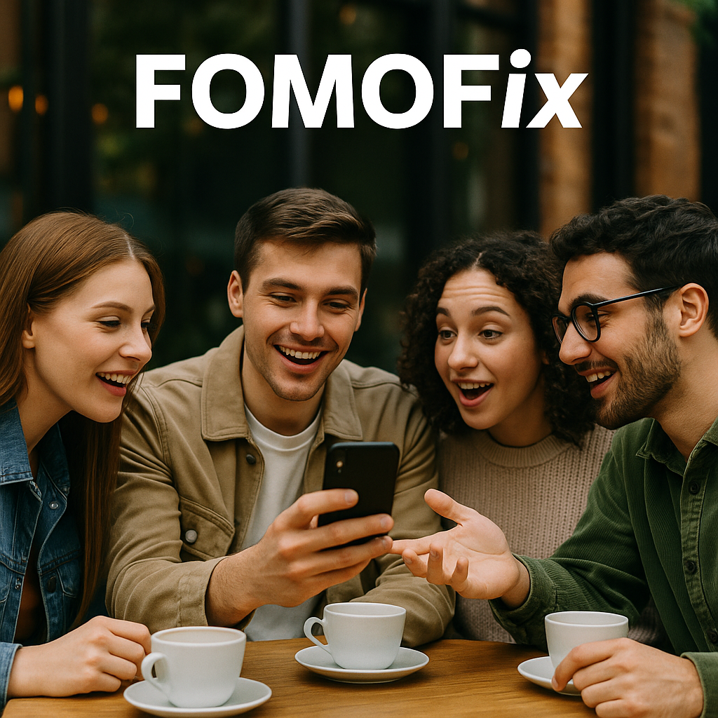 Concept blend of the FOMOFix interface and fans planning a night out