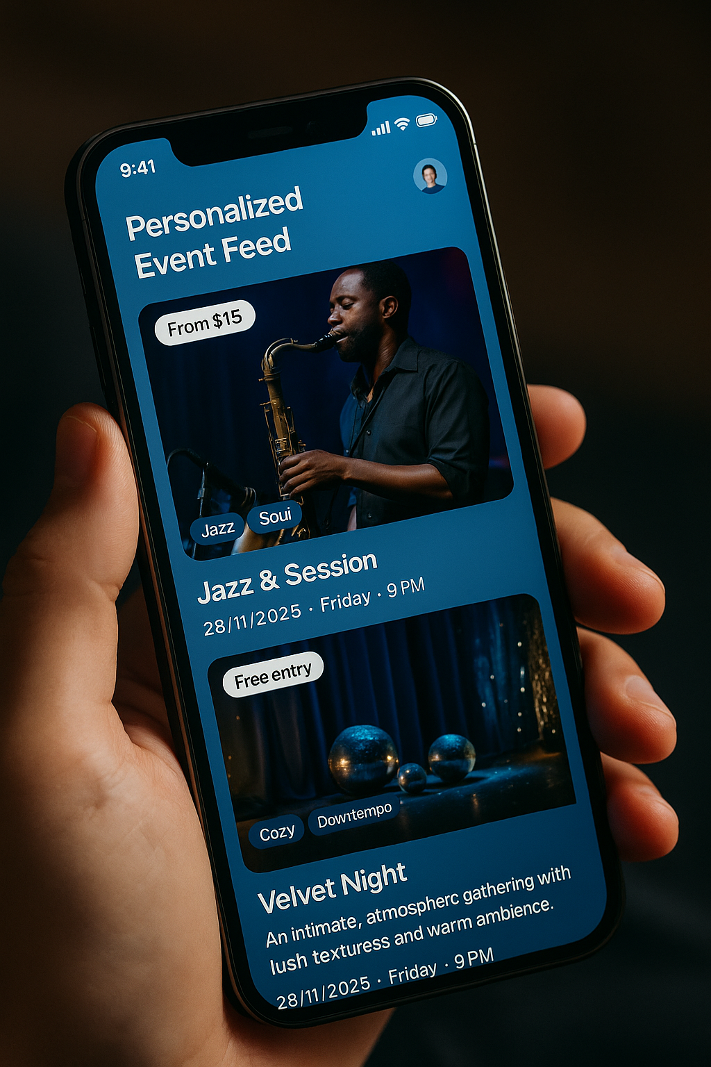 Mockup of the FOMOFix personalised event feed on a phone screen