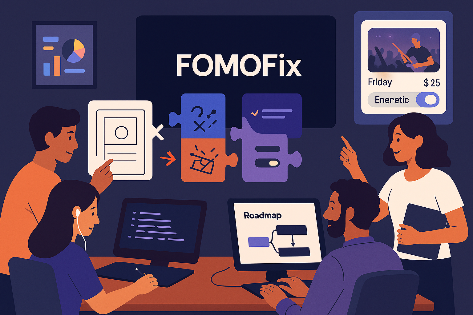 Illustration of designers and developers collaborating on FOMOFix